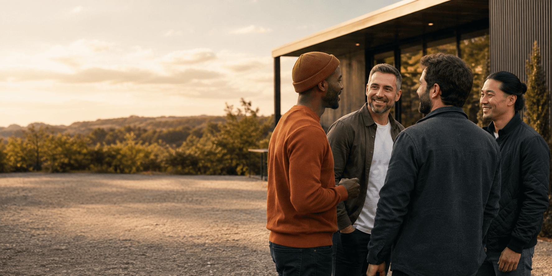 A group of adult men talking outdoors
